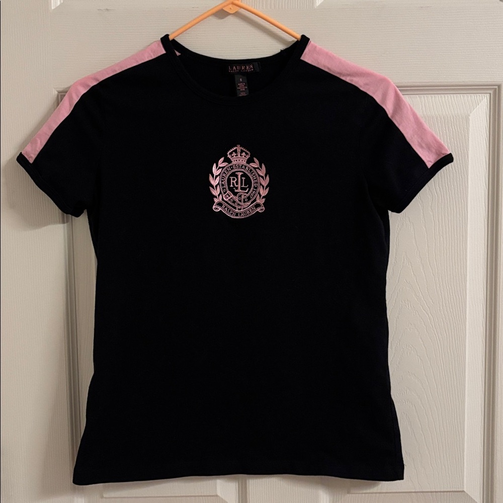 Ralph Lauren Black Tee with Pink Embroidered Crest